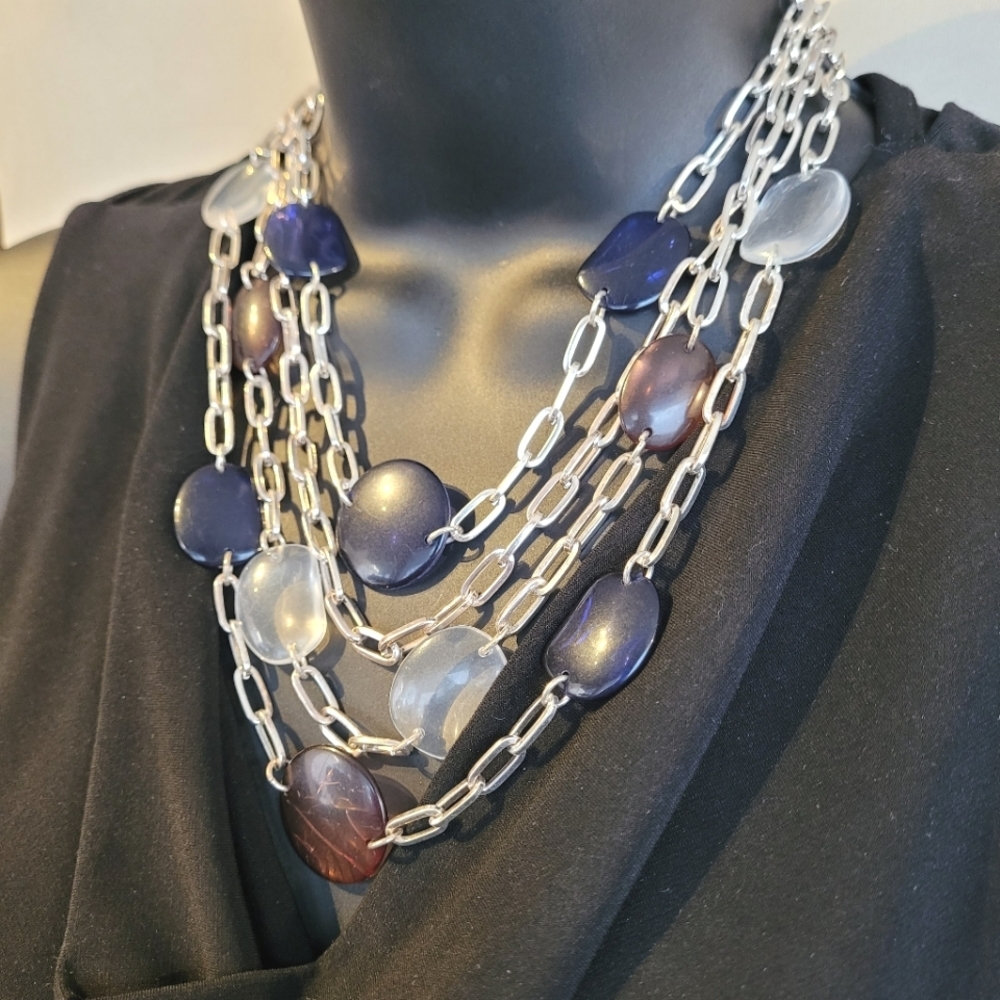 Vintage Avon silver plated 4 layer necklace with blue, amber, clear lucite beads